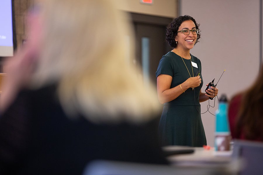 Interim provost Glendali Rodriguez addresses new employees Monday at UW-Stout.