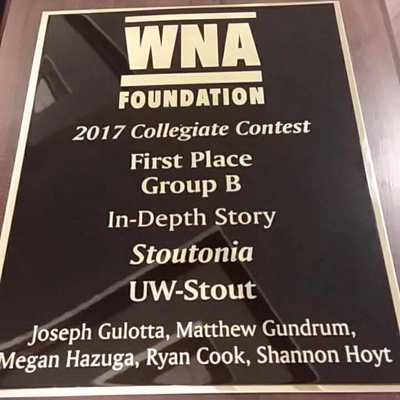 The WNA awards plaque, first place for in-depth story.