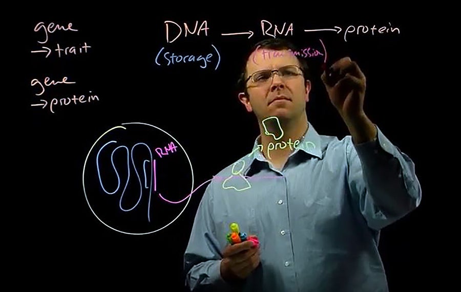 Brian Teague, an assistant professor of biology, is videotaped while giving a lecture using Learning Glass, a university teaching aid.