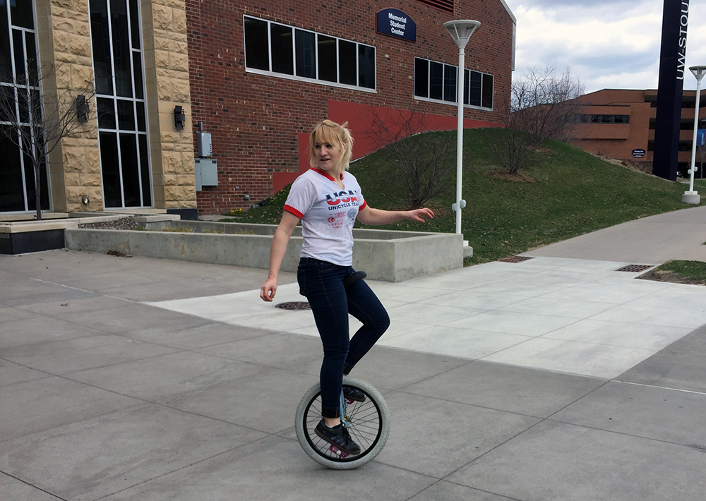 UW-Stout student Shelley Kovacic could be seen on campus last spring riding her unicycle to and from classes./UW-Stout photos by Pam Powers
