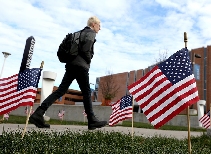 For Veterans Day, flags are placed each year in the amphitheater of the Memorial Student Center at UW-Stout.