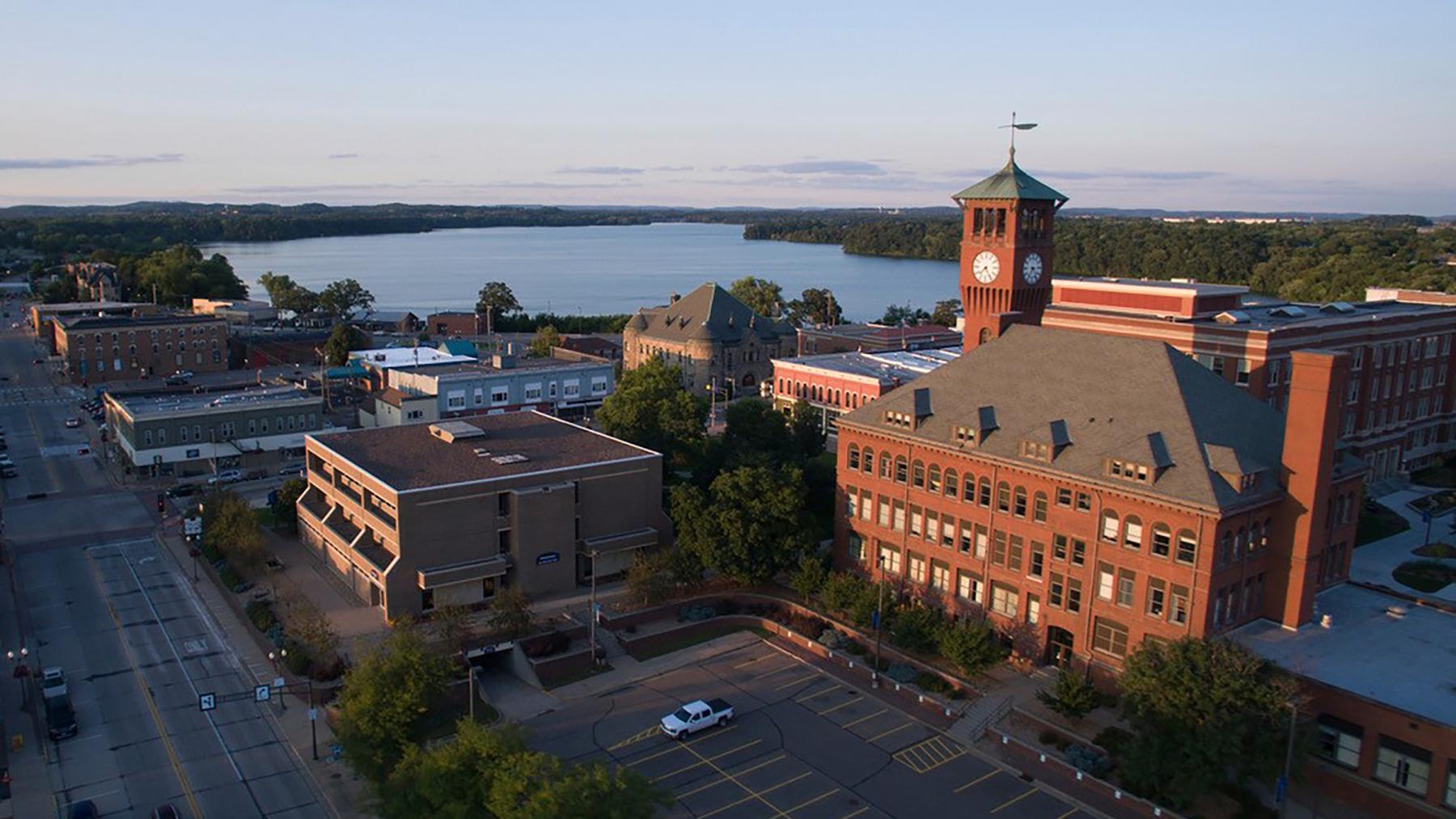 An aerial view of UW-Stout's Clock Tower and Lake Menomin.
