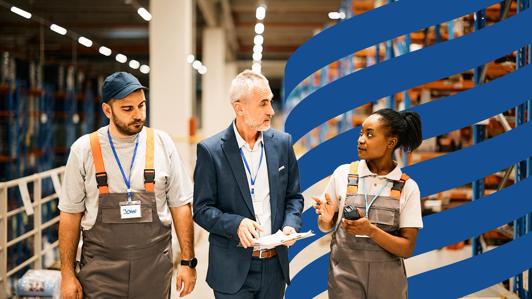 Two professional colleagues discuss supply chain management work.