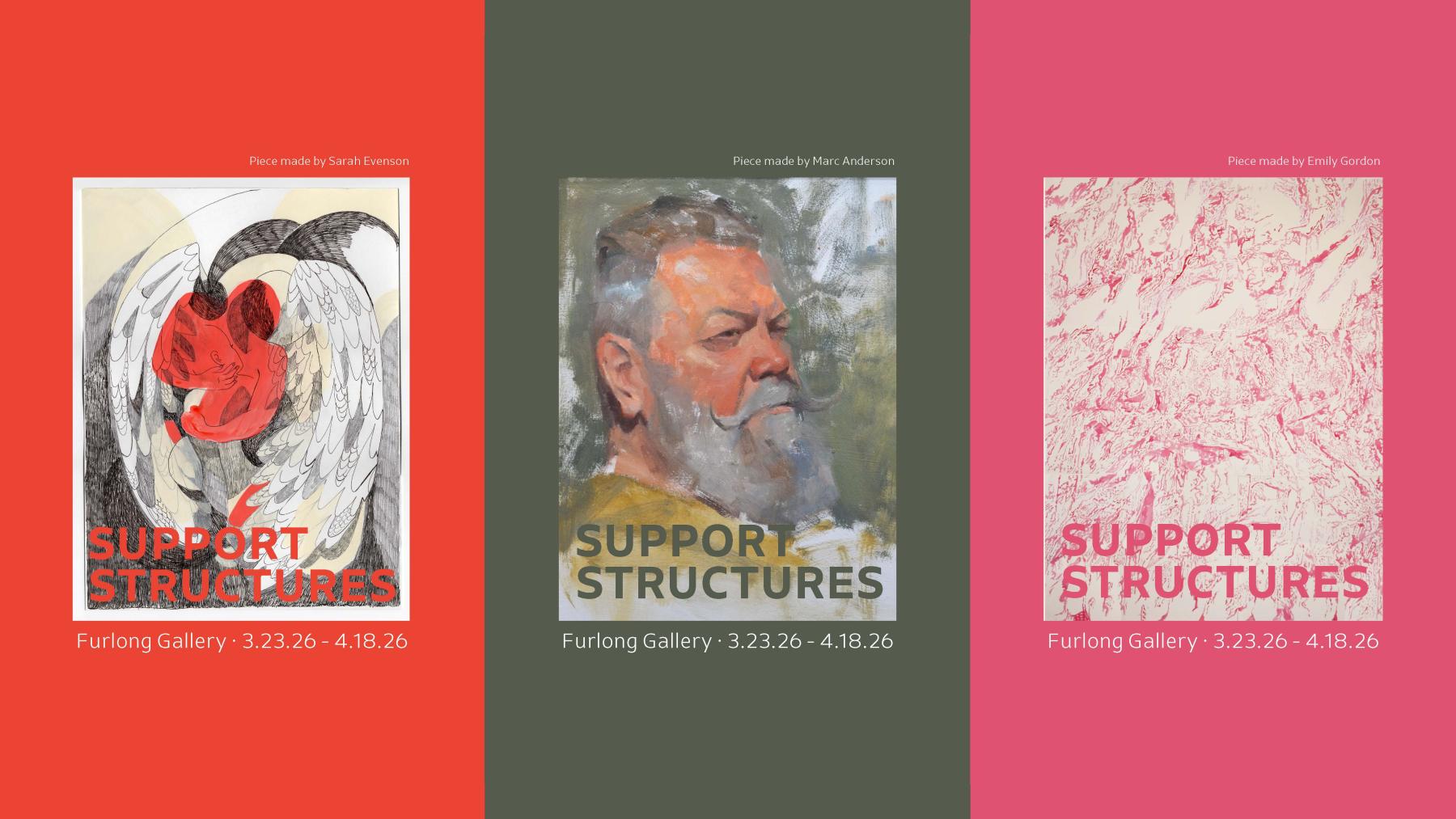 Three images of works by artists in support structures sit side by side in their own color panel. Sarah Evenson's work shows and angel with a spash of red, Marc Anderson's is a portrait of a older man with a handlebar mustache, and Emily Gordon's work is pink marks scattered across a picture plane.