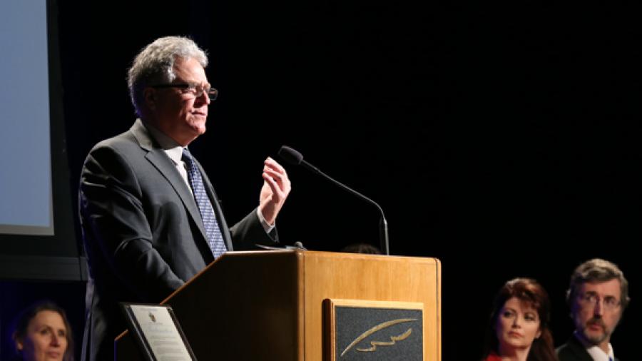 Chancellor Bob Meyer speaks as Lt. Gov. Rebecca Kleefisch and deans Maria Alm, left, and Bob Salt, right, listen during the Baldrige and polytechnic anniversary celebration.