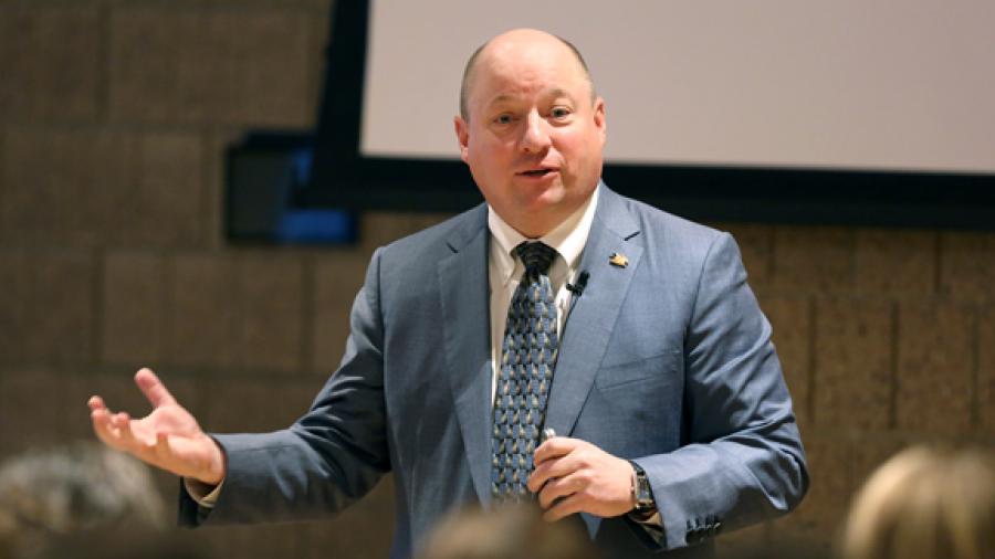 Alumnus Todd Wanek, president and CEO of Ashley Furniture Industries Inc., delivers his Cabot Executive in Residence presentation Thursday, Oct. 26, in UW-Stout’s Memorial Student Center.