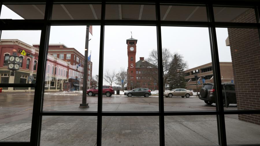 The view from the front of the Cobblestone Inn & Suites is the UW-Stout Clock Tower Plaza on Main Street in Menomonie.