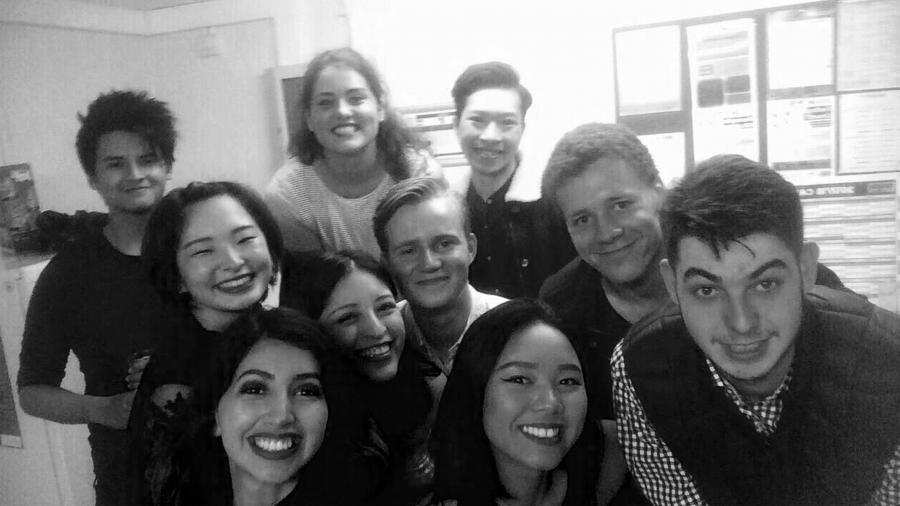 UW-Stout student Rachel Grausam, back row left, socializes with other international students in fall 2017 in England.