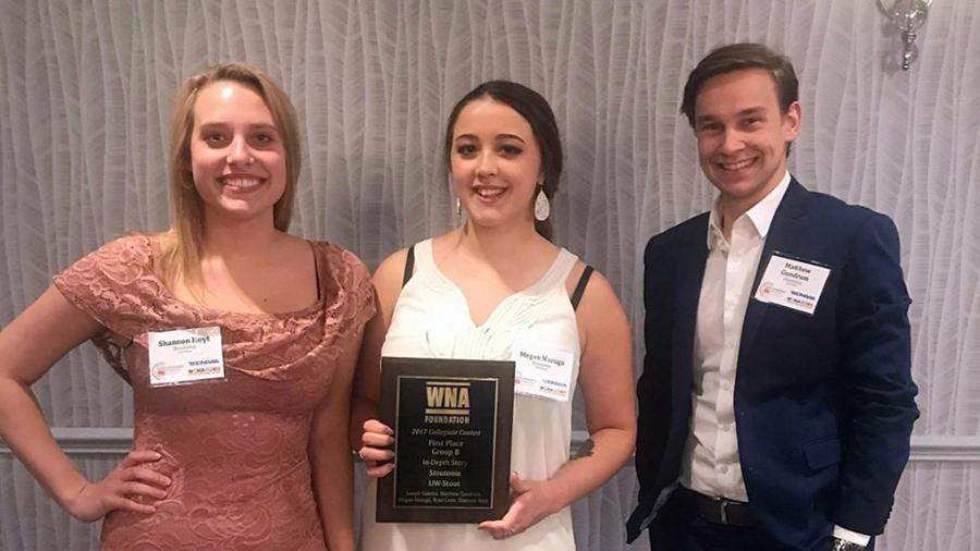 From left, Shannon Hoyt, Megan Hazuga and Matthew Gundrum at the WNA awards event.