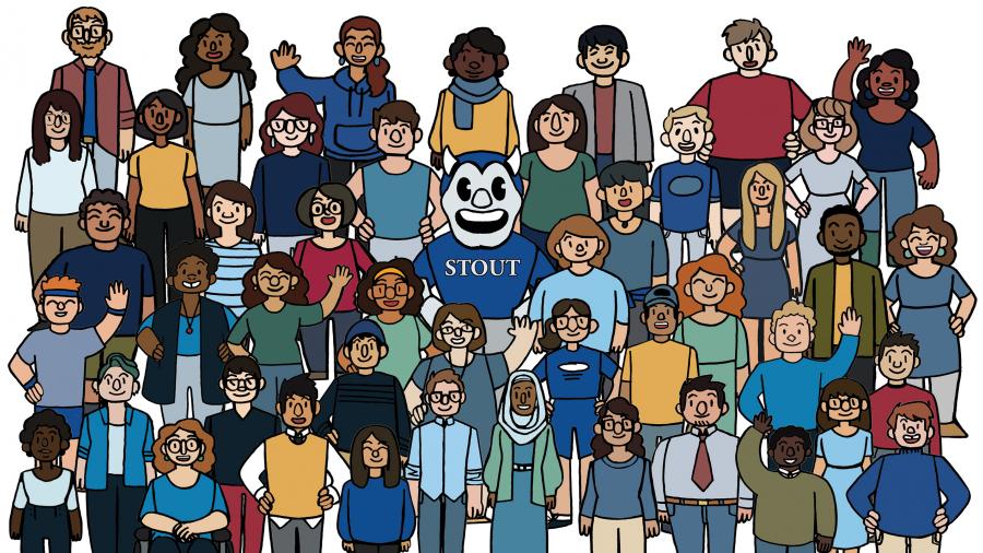 Hand-drawn cartoon of group of diverse students welcoming with Blaze mascot in the center