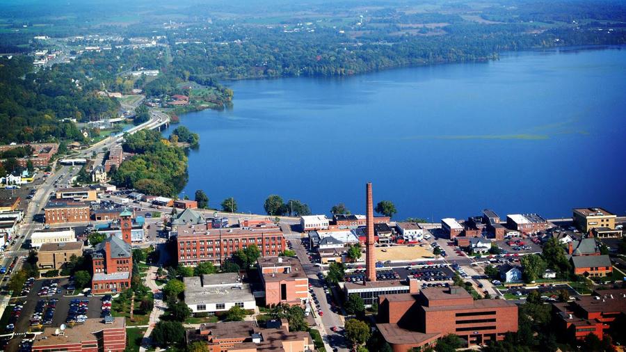 An aerial view of Menomonie, looking north from the UW-Stout campus and downtown.
