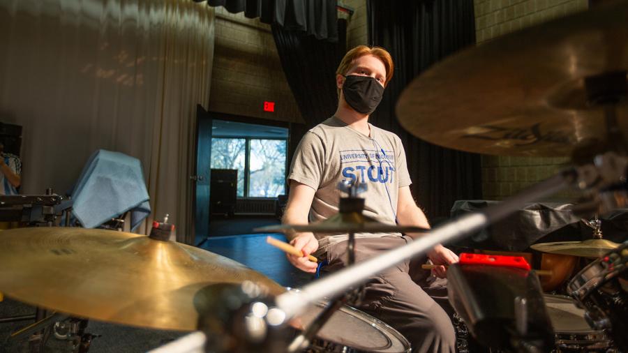 Drummer Dustin Anderson practices this fall with the Jazz Orchestra.