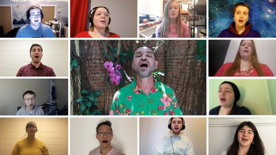 Choir members, including Director Jerry Hui second from left in the bottom row, sing virtually with Paulo Padilha, center.