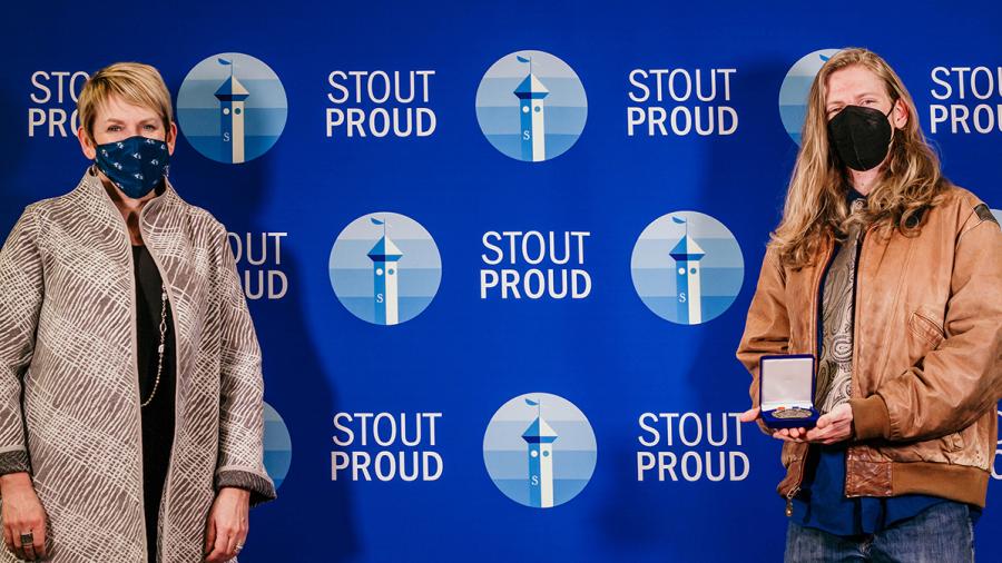 Chancellor Katherine Frank, at left, pictured with Chris Johnson, an Outstanding Student Leader of the Year winner. / Photo by UW-Stout Involvement Center
