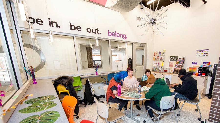 Students gather in 2019 at the Qube, an LGBTQIA+ resource and support center at UW-Stout.