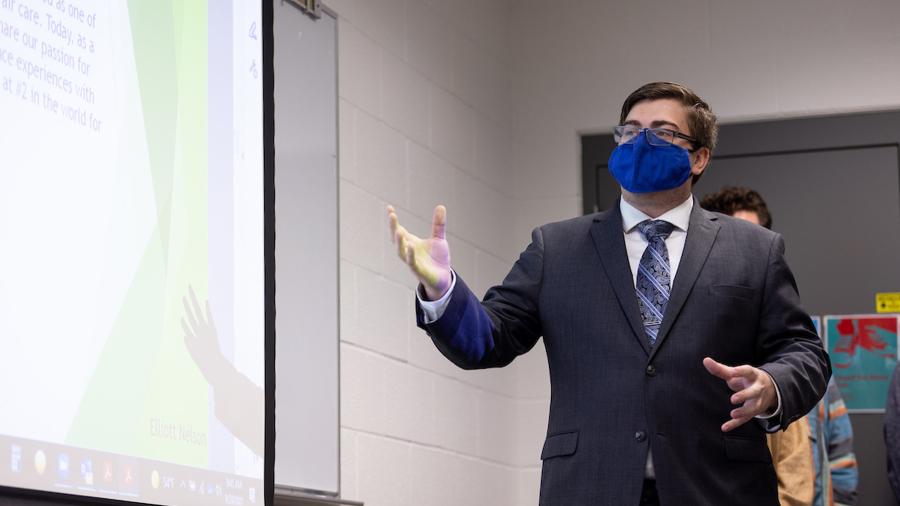Packaging senior Elliott Nelson presents during Phase 1 of his team's project.
