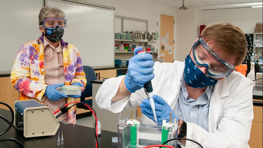 A student works in a science lab at UW-Stout.