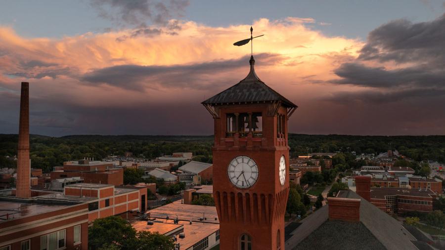 A drone shot of the Clock Tower, looking over storm clouds to the south.