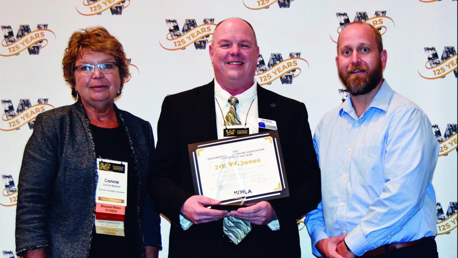 Jay Jones, center, from UW-Stout receives the 2021 Associate of the Year award from the Wisconsin Hotel & Lodging Association. At left is Connie Barbian, of Connect Hospitality Solutions, the 2021 winner. At right is Charlie Eggen, of F&E Hospitality, the 2021 WHLA chairman of the board.