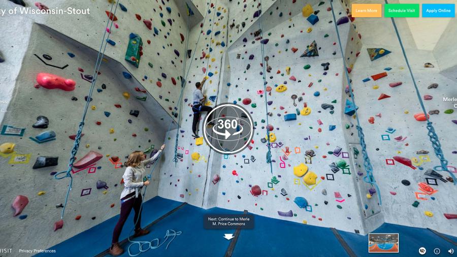 The climbing wall in the Sports and Fitness Center is one of the stops on the new YouVisit virtual tour.