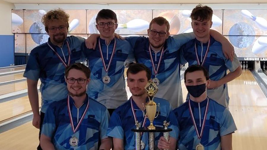 The UW-Stout Bowling Club men’s team that took second at the national meet in Davenport, Iowa, includes, front row from left, Drew Dietrich, Triston Riedesel and Hunter Hintz. Back row from left, David Burnett, Alex Trowbridge, Jacob Mueller and Jacob Zondlak.