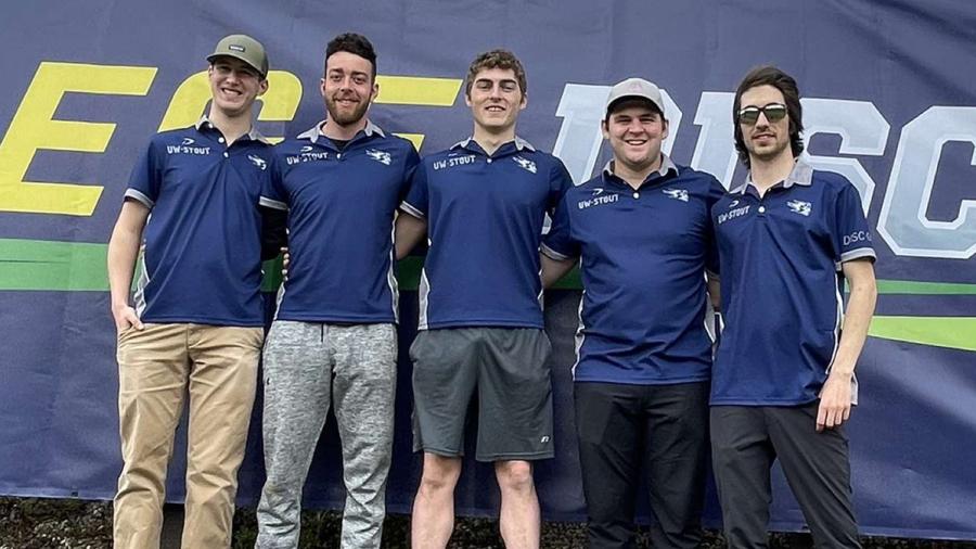The UW-Stout Disc Golf Club team took fifth in Division II of the national meet in Marion, N.C. From left are Kyle DeVries, Alex Helbach, Ray Kulow, Tommy Kratz and Logan Hochstetler.
