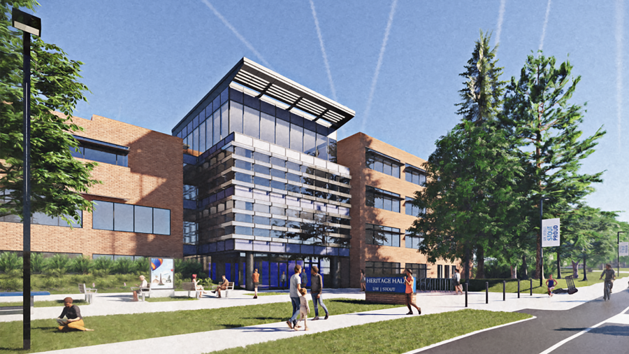 A proposed renovation of Heritage at UW-Stout will include improvements to the exterior and interior of the building. / Architectural rendering