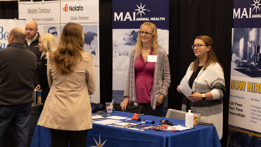 UW-Stout students meet recruiters from MAI Animal Health, of Elmwood, and Nolato Contour, of Baldwin, during manufacturing day at the Fall Career Conference held in the Memorial Student Center.