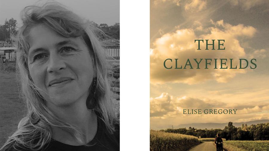 Author Elise Gregory and the cover of her novel The Clayfields