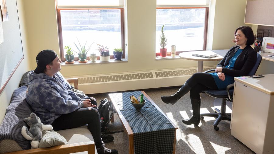 Legleitner meets with student Alex Cluphf in Harvey Hall.