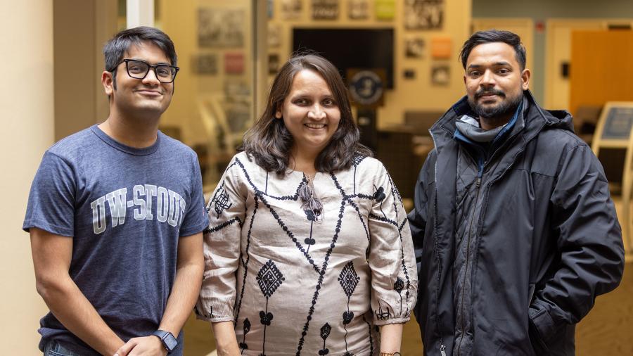 Student recruiter Anagha Pednekar, center, meets with two students from India, Vini Tapadiya, left, and Kiran Mane during her visit to UW-Stout.