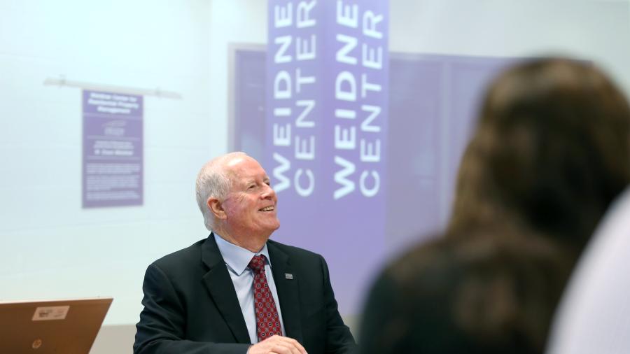 Dean Weidner visits UW-Stout in 2015 for the dedication of the Weidner Center for Residential Property Management in Heritage Hall.