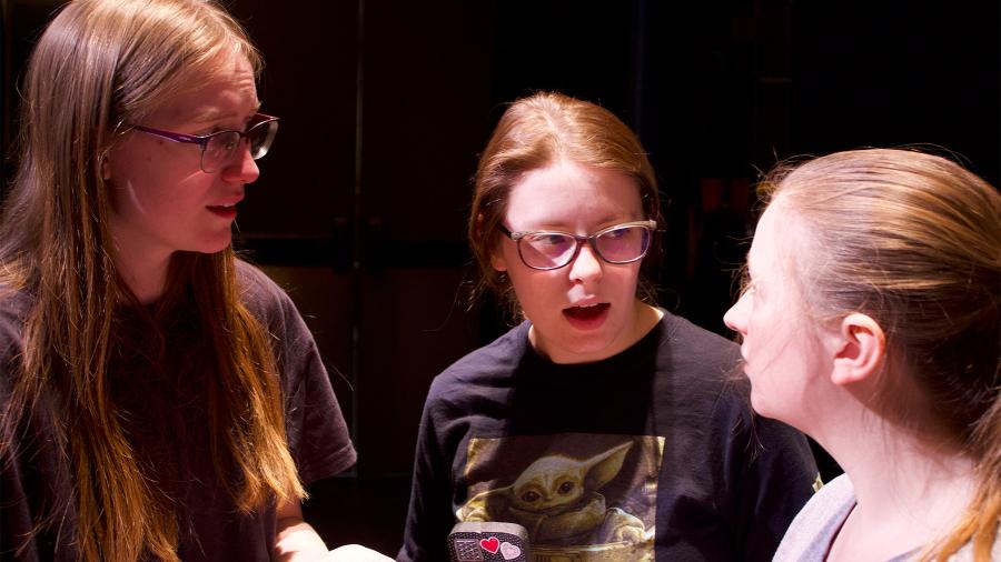 Be More Chill rehearsal, Emmarie Wolfsteller, Rebecca Durst and Samantha Kruger