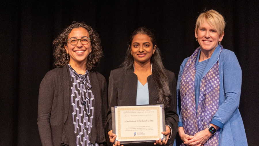 Sadhana Thokachichu, Chancellor Frank, and Provost Rodriguez