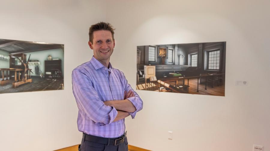 Professor Andrew Williams talks about his art exhibit, “Alternate Histories,” at UW-Stout’s Furlong Gallery. He was a speaker at M+DEV and won an award for his digital art, which is part of the exhibit.