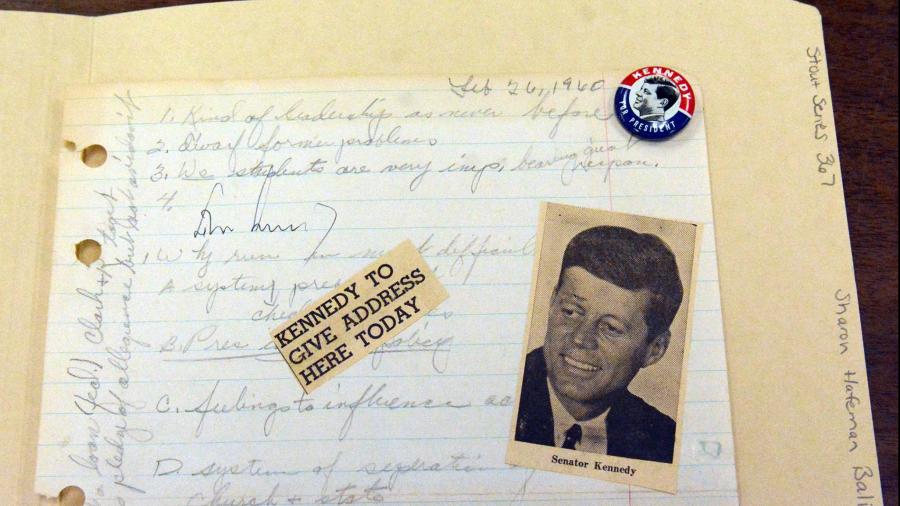 Sharon Balius was a student in 1960 when presidential candidate John. F. Kennedy visited campus. She took notes on his speech at Harvey Hall, and he signed them in ink near No. 4.