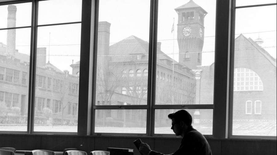 UW-Stiout's first library, which opened in 1954, had a view north to the Clock Tower.