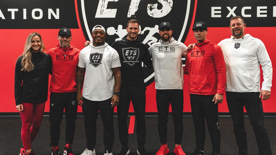 Along with the Engleberts, left, the ETS leadership team includes, from left, facility partners and pro football players CJ Ham, Kirk Cousins and Adam Thielen; CEO Jed Schmidt and COO Chad Stiernagle.