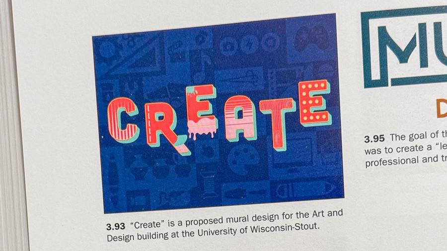 The word 'Create,' in bold orange and pink font on a bright blue background