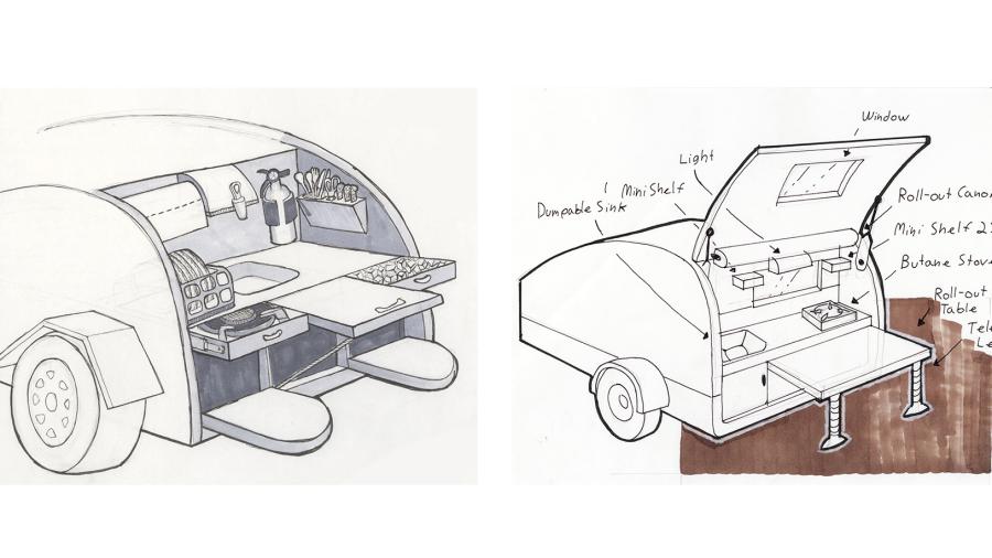 Two sketches of kitchenette designs for a camping trailer