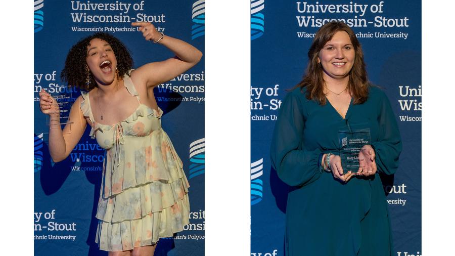Two portraits of students holding award plaques