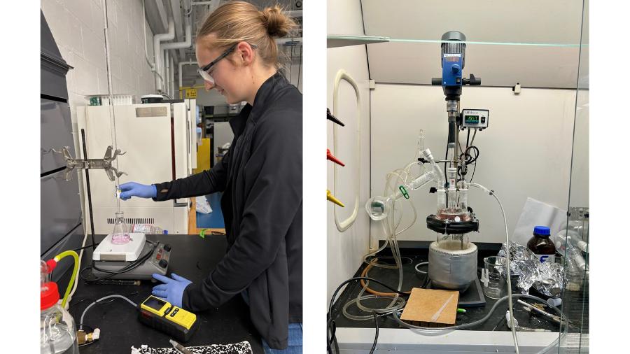 Side-by-side photos of a student and a machine in a chemistry lab