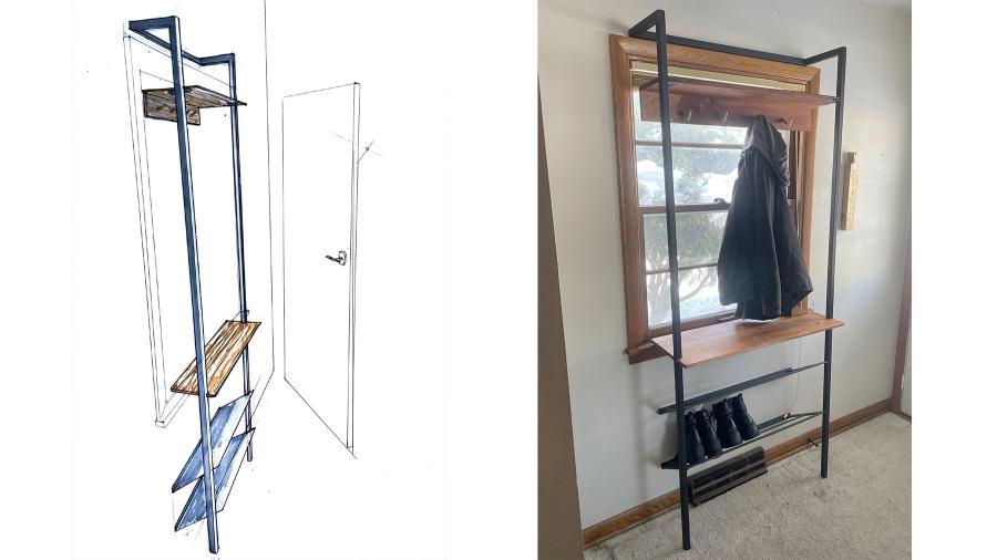 Side-by-side images a digital design and finished product for an entryway assistant.