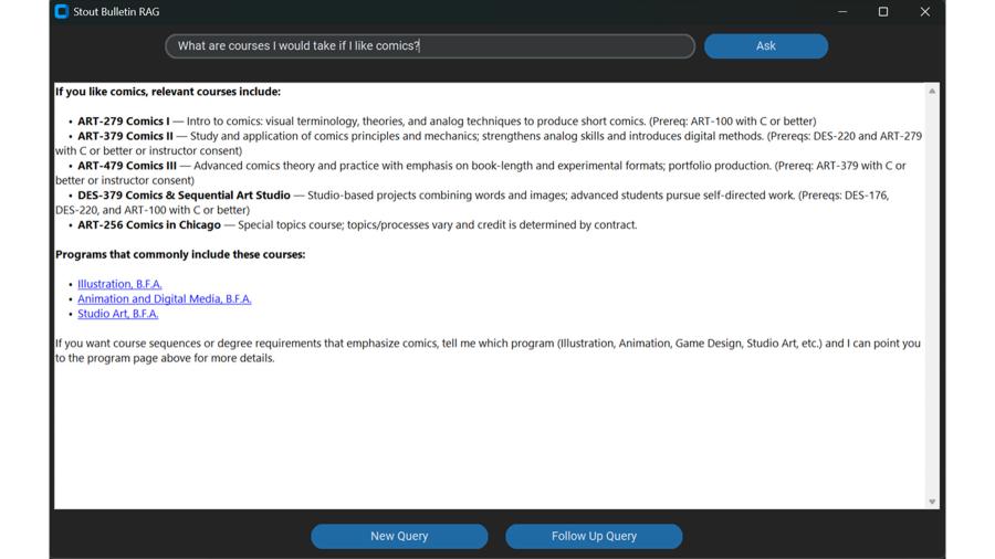 A screenshot of text created by a Retrieval Augmented Generation AI model about a course bulletin inquiry