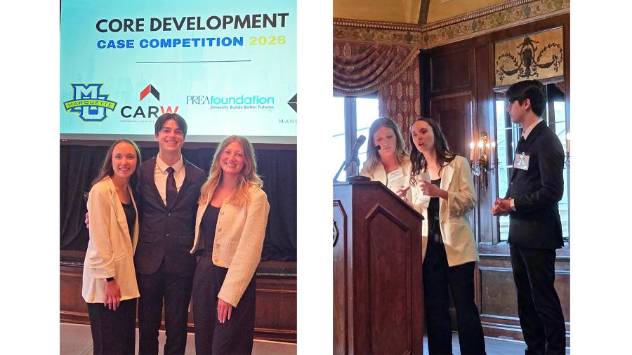 Side-by-side images of students Alexis Brinkmoeller, Breyden Kane and Madelyn King presenting at a competition