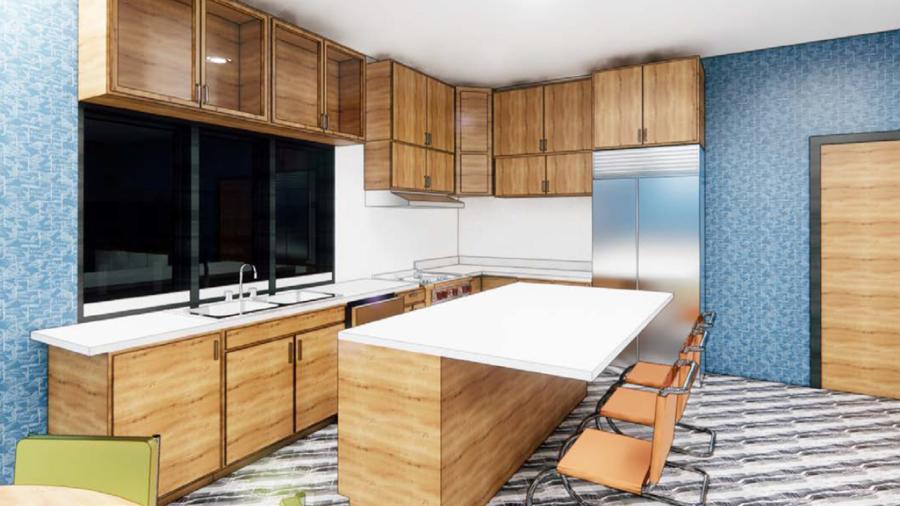 A digital rendering of a kitchen designed with whites and light blues and light-colored wood cabinets.