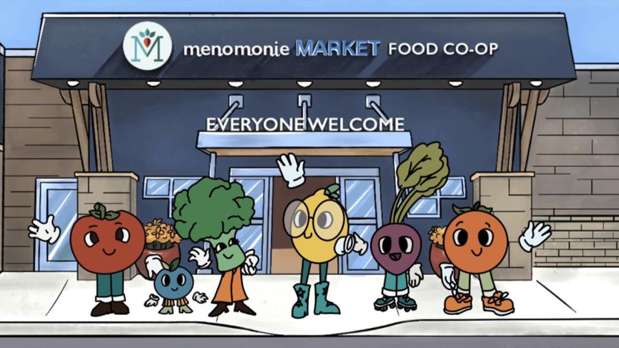 Animated fruits and vegetables standing outside a food market
