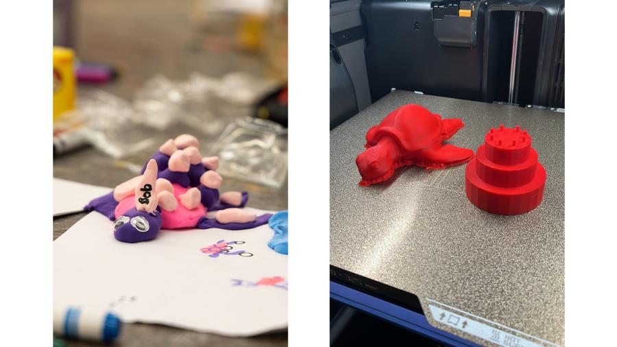 Side-by-side images of a turtle made out of purple and pink Play-Doh and a red 3D-printed turtle