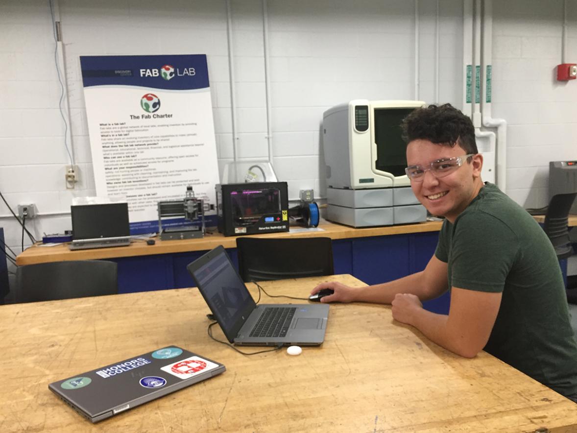 UW-Stout student Spencer Davidsz works in the Discovery Center Fab Lab on campus. The Fab Lab has moved from Applied Arts to room 120 in the Vocational Rehabilitation Building. / UW-Stout photo by Pam Powers