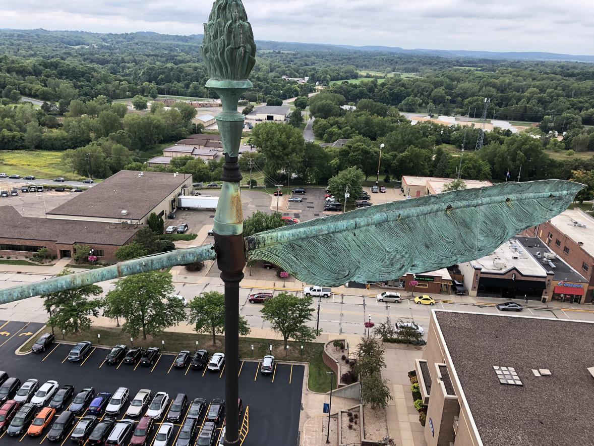 The quill weathervane atop the Bowman Hall Clock Tower was photographed just before workers removed it in late August.